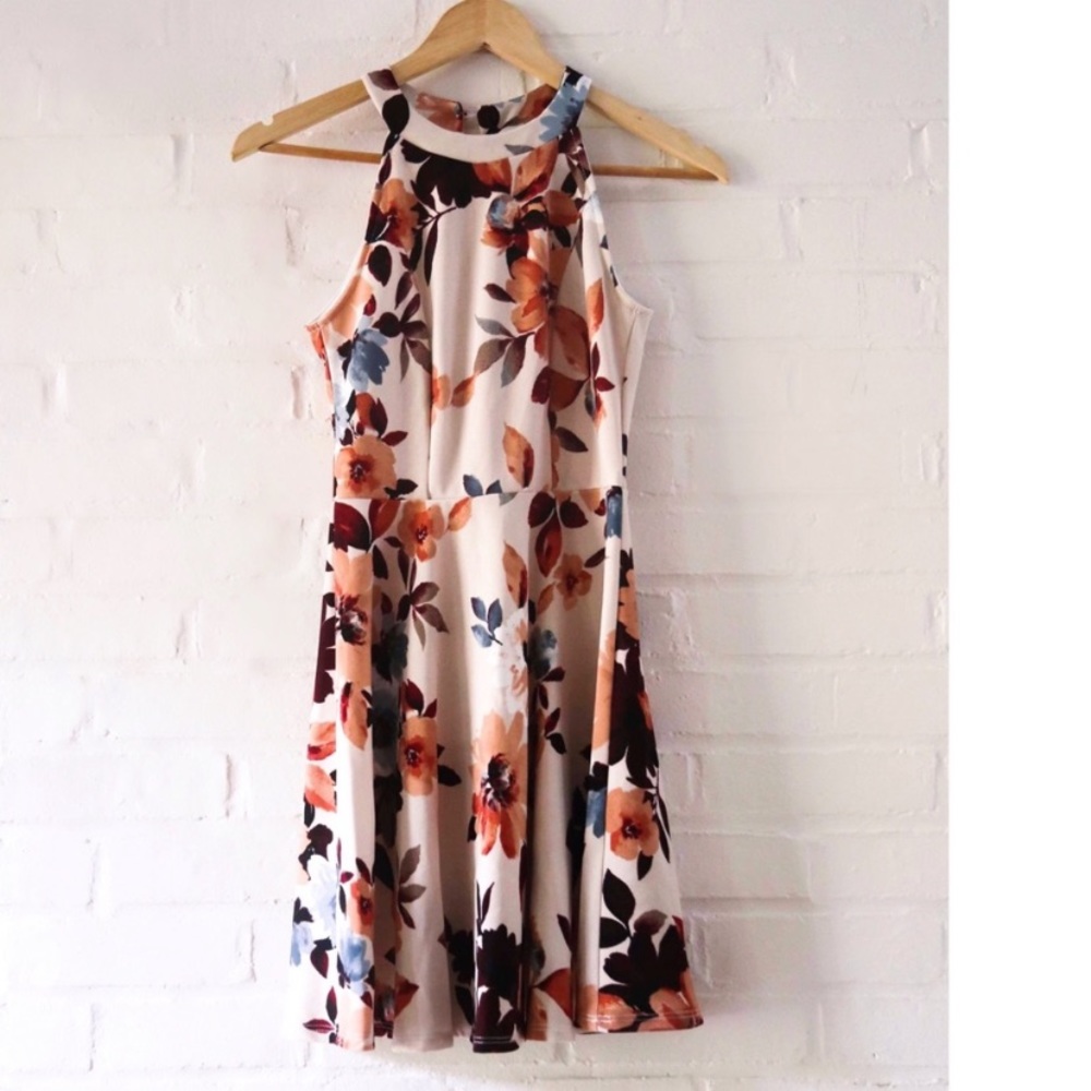 Beige Floral Fit and Flare Mini Dress NEW
